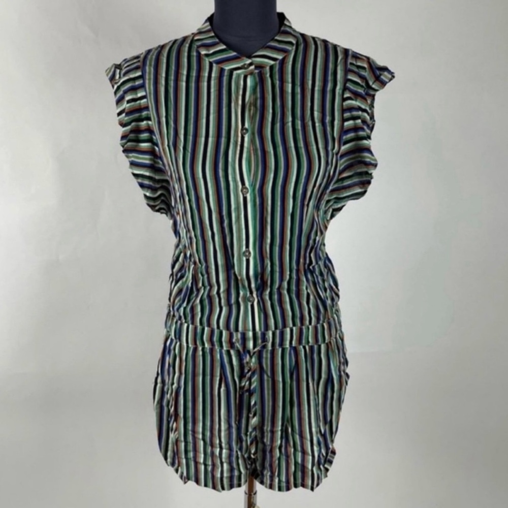 Multicolor Ruffle Sleeve pic side green Striped Collared Button Front Romper